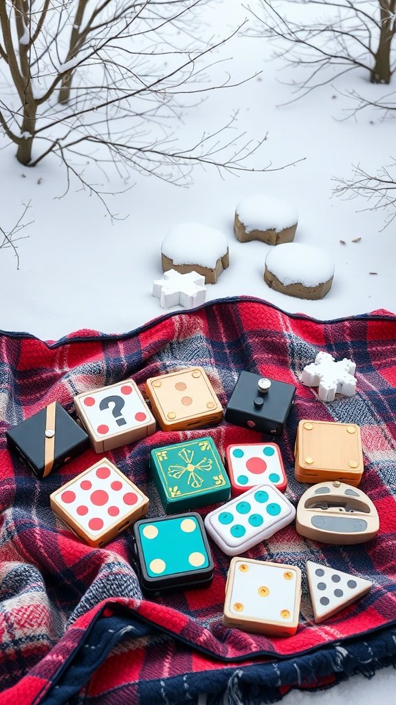 A collection of colorful travel-sized games arranged on a red plaid blanket in a snowy setting.