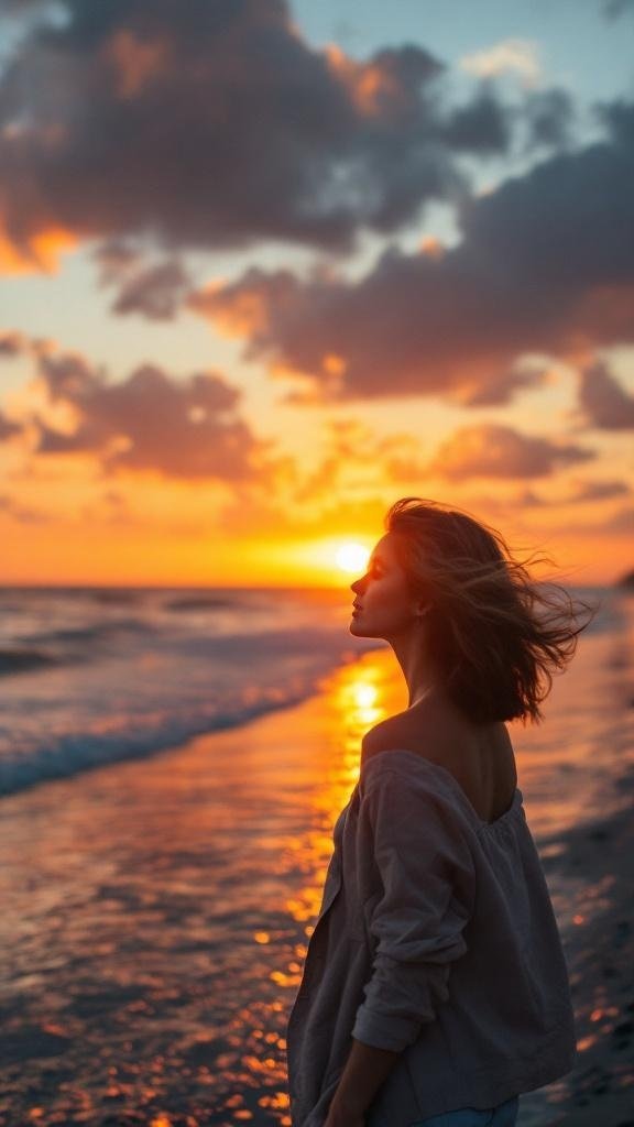 A woman with loose curls, standing by the beach during sunset.