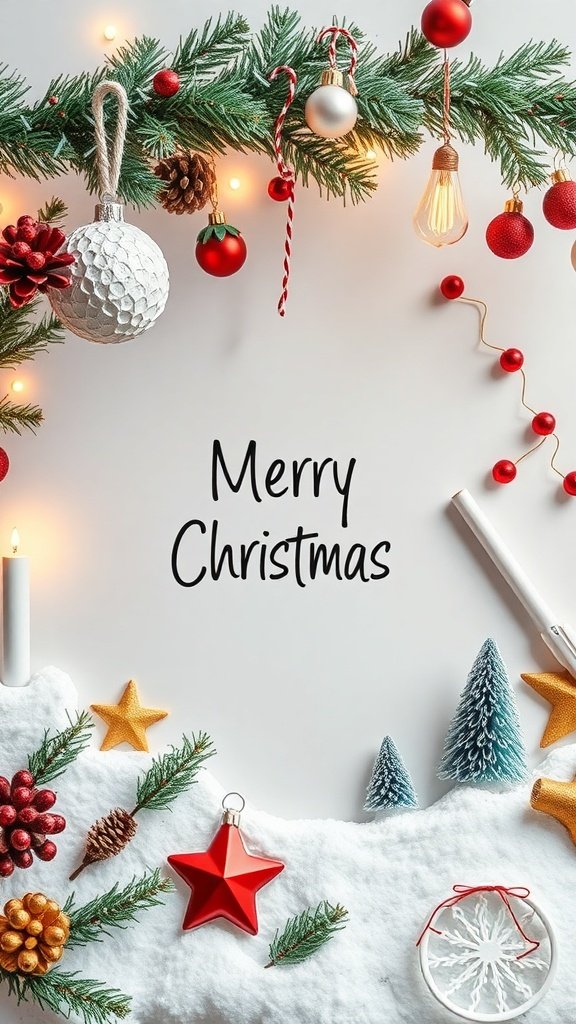 A festive arrangement of Christmas decorations including ornaments, pinecones, and a 'Merry Christmas' message.