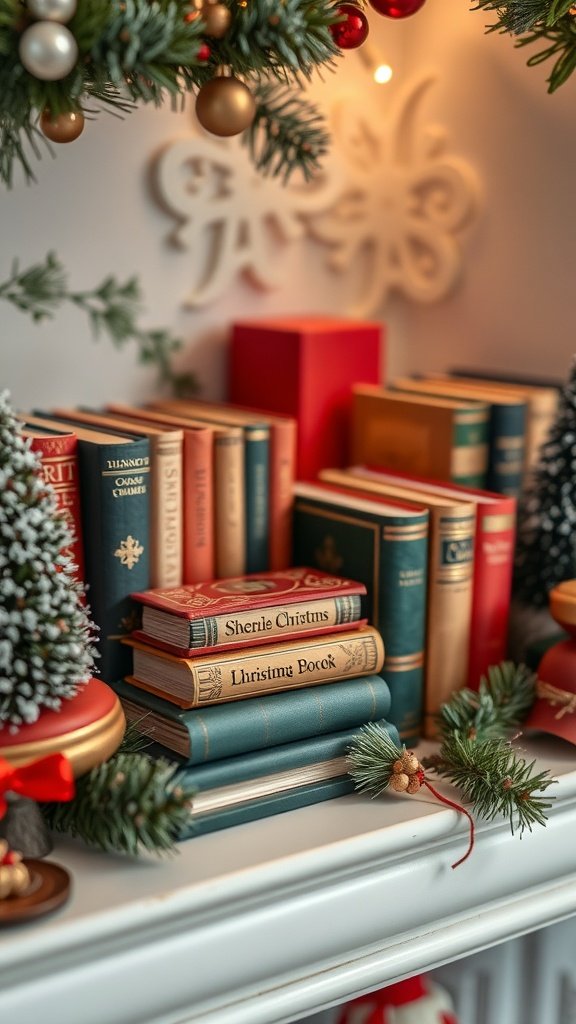A collection of colorful miniature books displayed on a shelf, surrounded by festive decorations.
