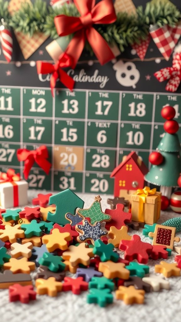 Colorful mini puzzle pieces scattered around a festive advent calendar.