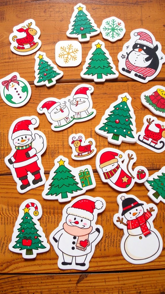 A collection of colorful holiday-themed stickers featuring Santa, Christmas trees, and other festive designs.