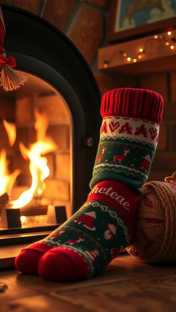 A festive holiday-themed sock by a fireplace.