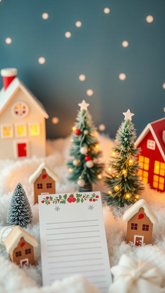 A festive scene with mini stationery sets, including a notepad and decorative houses.