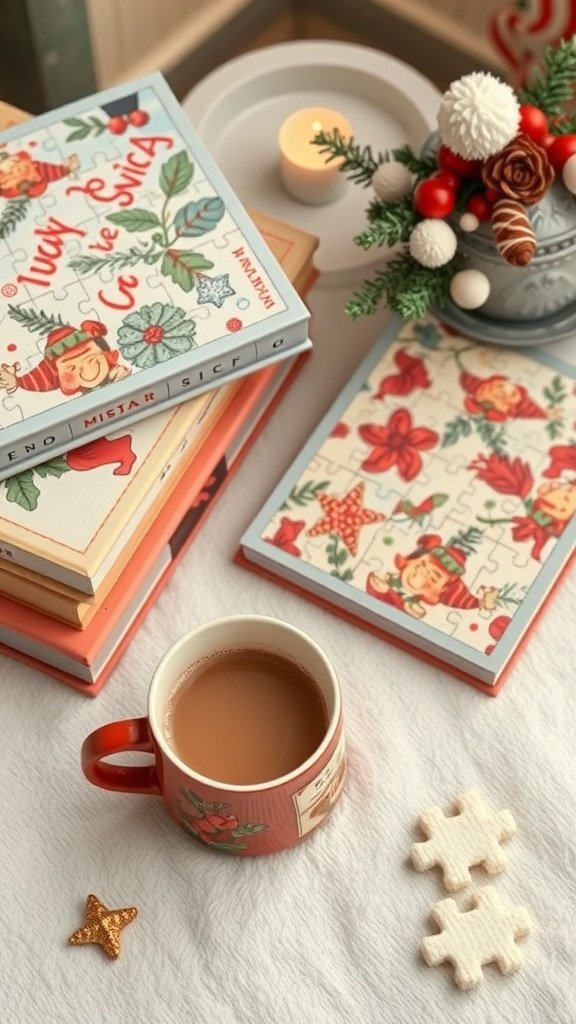 A cozy scene featuring puzzle books, a cup of tea, and festive decorations.