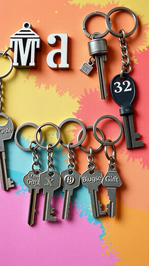 A collection of keychains, including various keys and charms, on a colorful background.