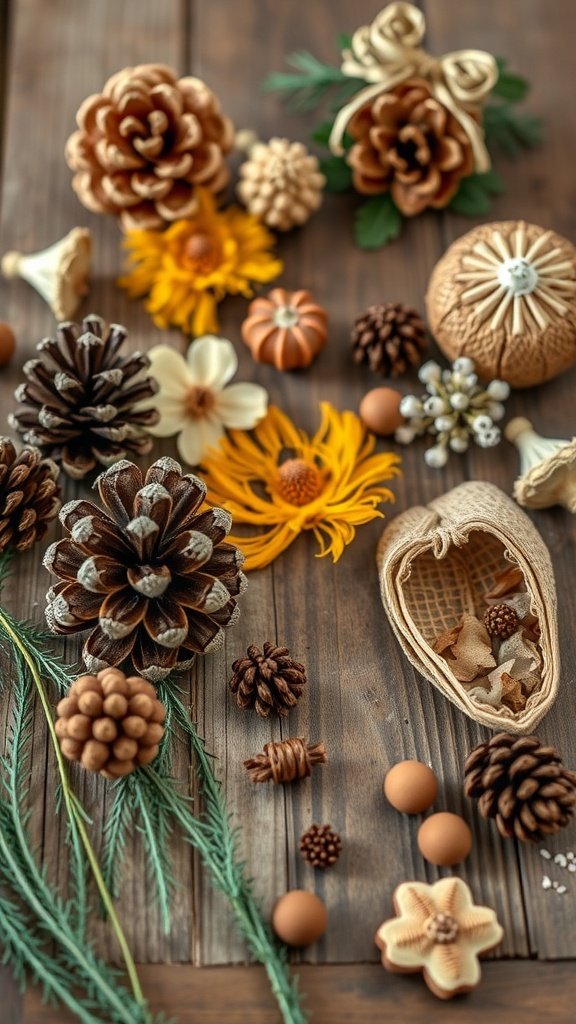 A collection of nature-inspired items including pinecones, flowers, and wooden ornaments on a wooden surface.