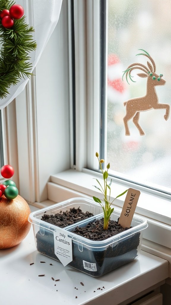 A small plant kit with soil and a sprouting plant, placed by a window decorated for the holidays.