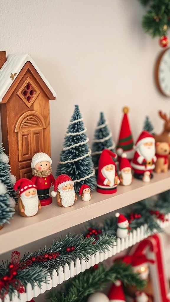 A collection of colorful miniature figurines including Santa, snowmen, and trees on a shelf.