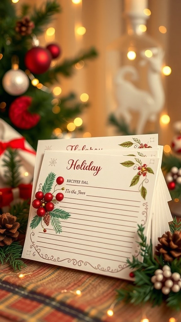 Holiday recipe cards with festive decorations on a table