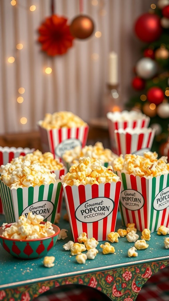 Colorful gourmet popcorn packs in festive containers