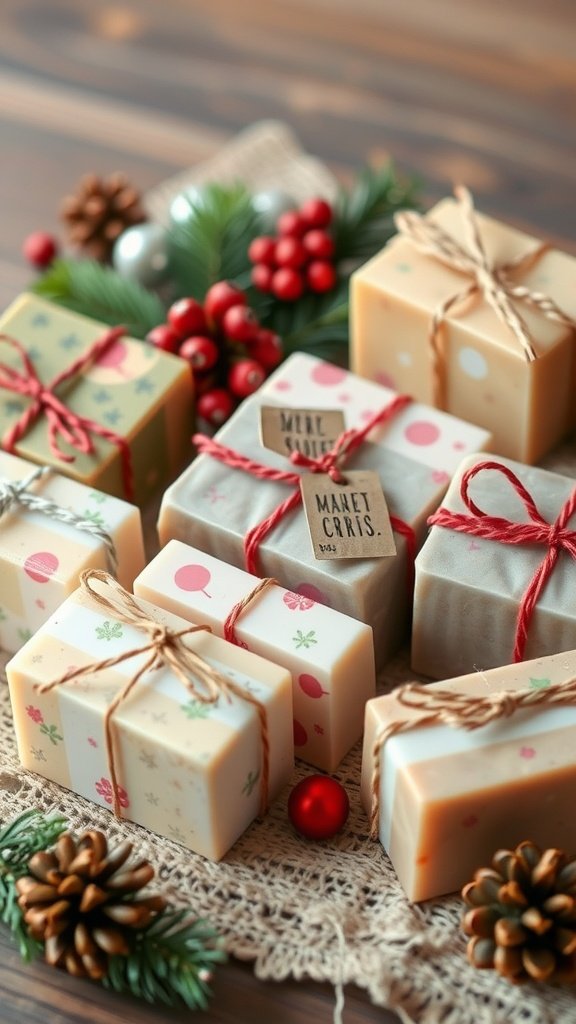 A collection of colorful handmade soap bars wrapped with twine, surrounded by festive decorations.