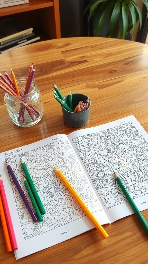 A cozy setup with adult coloring books and colored pencils on a wooden table.