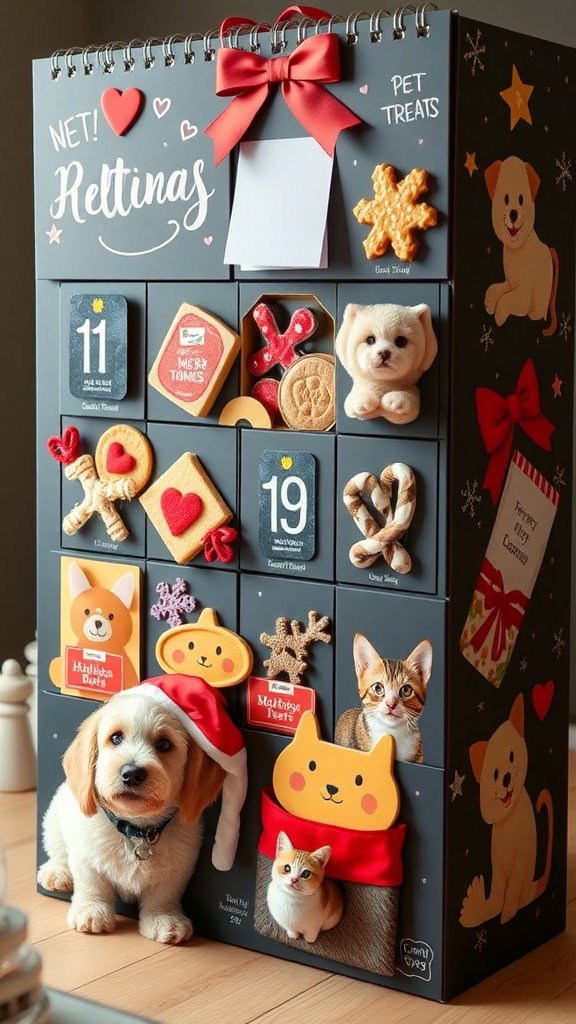 A festive advent calendar for pets featuring various treats and adorable dogs.