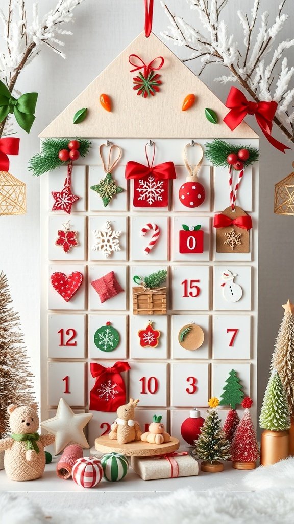 A beautifully crafted DIY Advent calendar decorated with festive elements and small gifts.