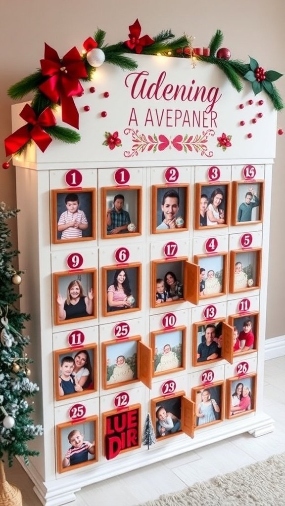 A custom photo advent calendar decorated with festive elements and filled with family photos.