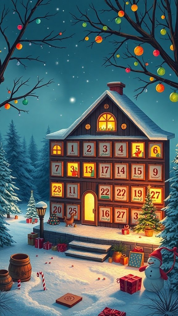 A beautifully decorated Advent calendar with numbered doors, surrounded by snow and festive decorations.