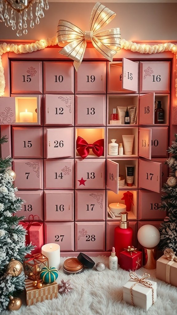 A beautifully arranged beauty products advent calendar with pink boxes, candles, and festive decorations.