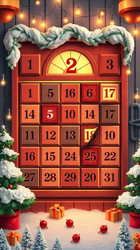 A beautifully designed puzzle advent calendar with wooden doors and festive decorations.