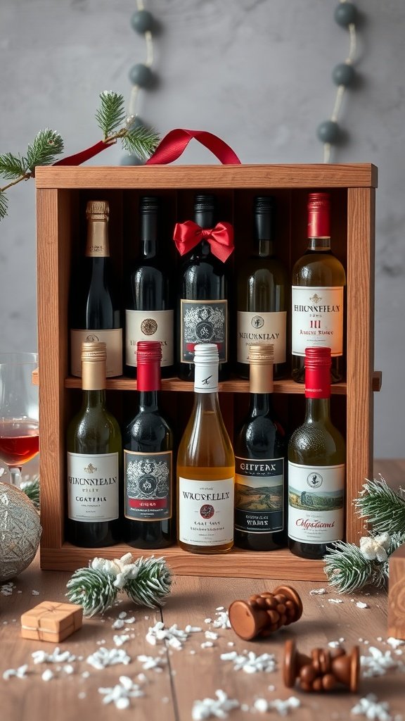 A wooden wine advent calendar with various mini wine bottles, decorated with a red ribbon and holiday accents.