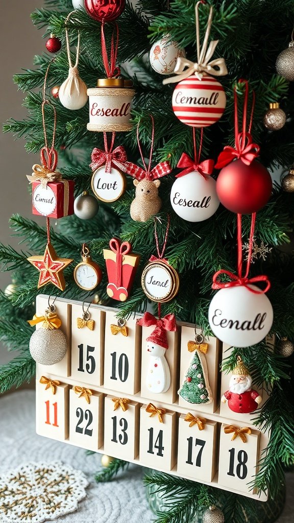 A beautifully decorated Christmas tree featuring a personalized ornament advent calendar with various ornaments and numbers.