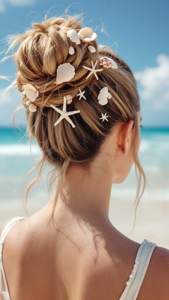 A twisted updo hairstyle adorned with seashells and starfish, set against a beach background.