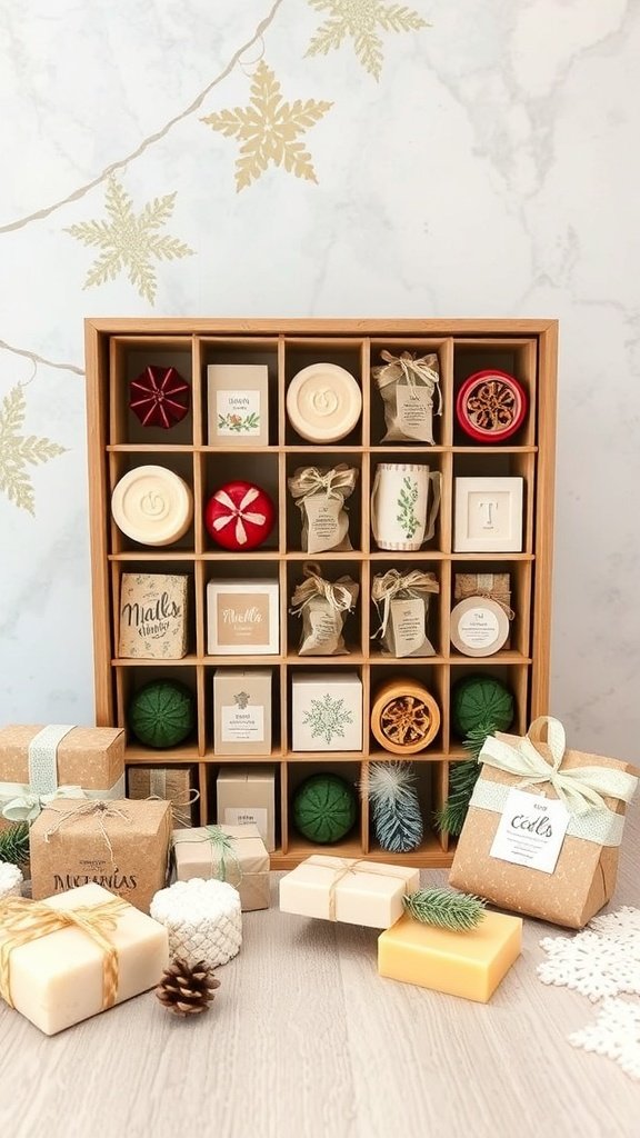 Handmade soap advent calendar with various soaps in a wooden box