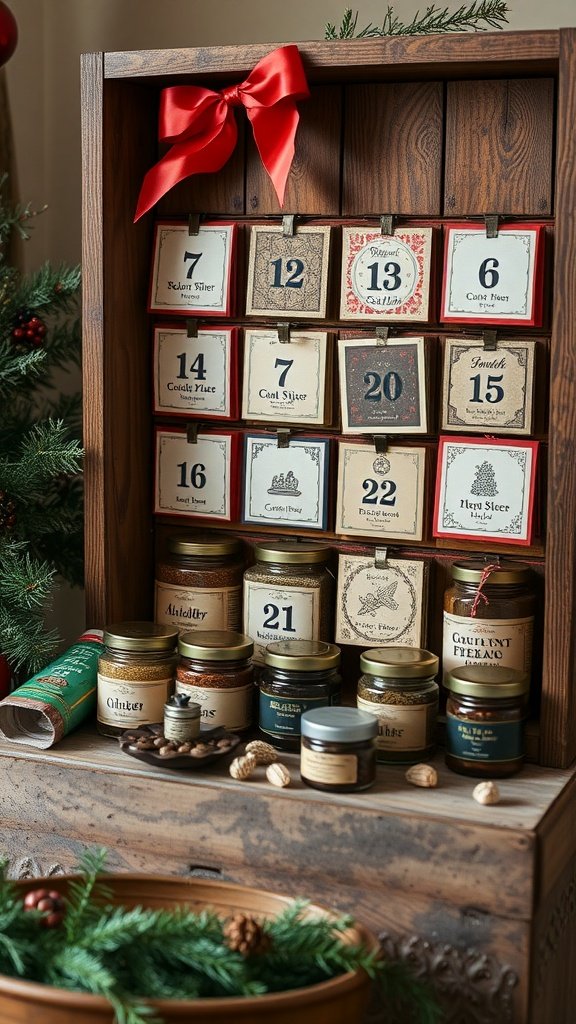 A beautifully arranged gourmet spice advent calendar with jars and decorative boxes.