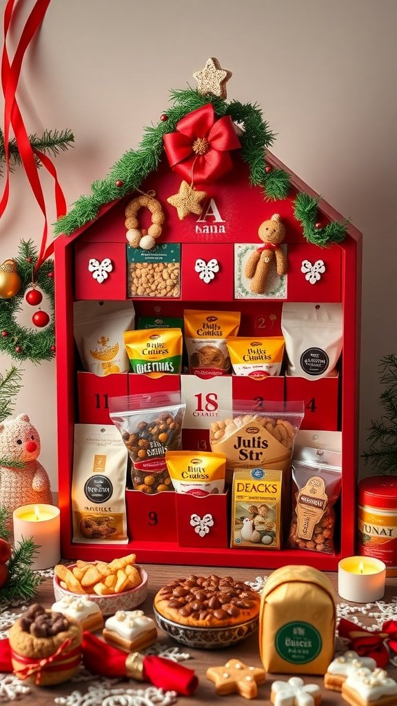 A festive gourmet snack advent calendar filled with various treats and decorated with holiday elements.