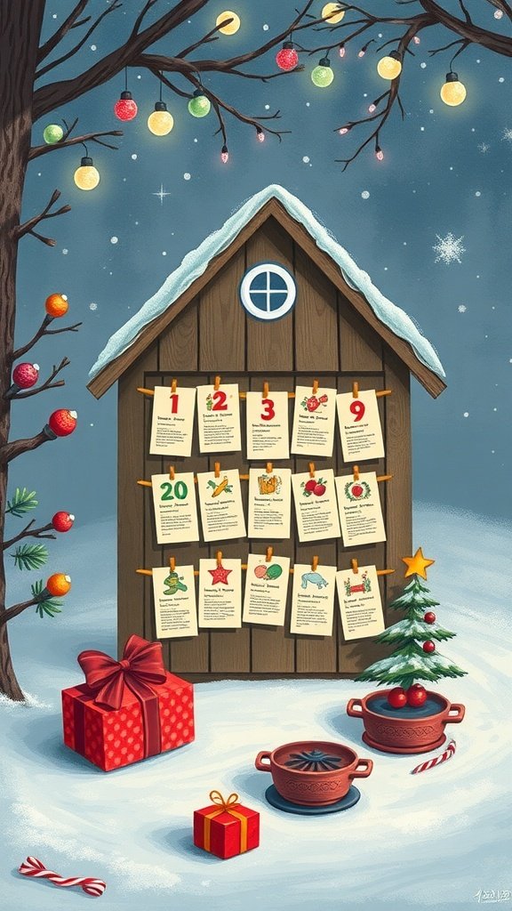Illustration of a cozy advent calendar with recipe cards hanging on a wooden house, surrounded by festive decorations.