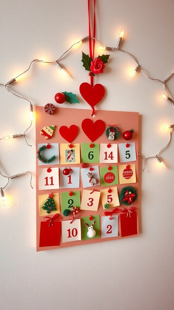 A handmade advent calendar decorated with hearts, Christmas ornaments, and lights.