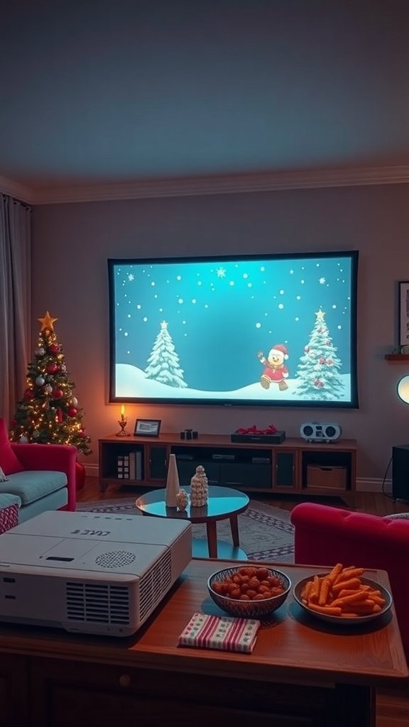 Cozy living room with a projector showing a holiday scene, decorated Christmas tree, and snacks on the table.