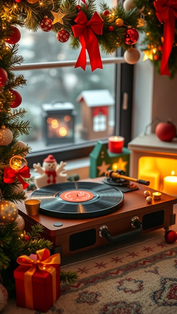 A cozy Christmas scene with a record player surrounded by festive decorations and gifts.