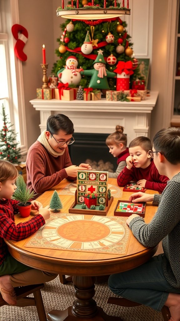A family playing games around a table decorated for Christmas, with a festive tree in the background.
