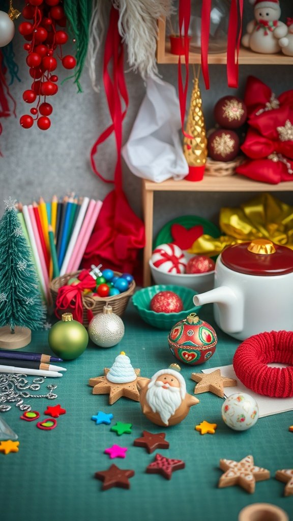 A festive display of colorful Christmas ornaments and crafting materials on a table.
