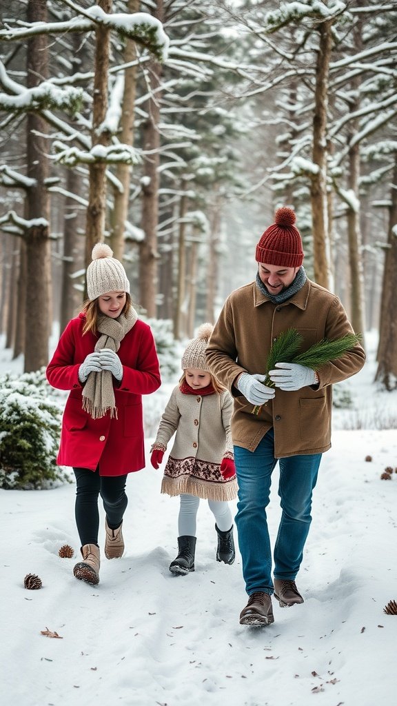 A family enjoying a snowy nature walk in winter attire.