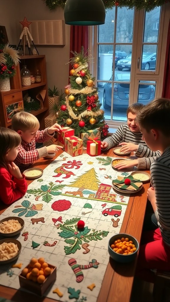 Children enjoying a Christmas puzzle countdown with snacks around a decorated table.