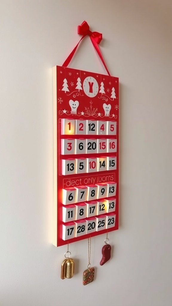 A colorful Christmas countdown calendar with numbers and festive decorations.
