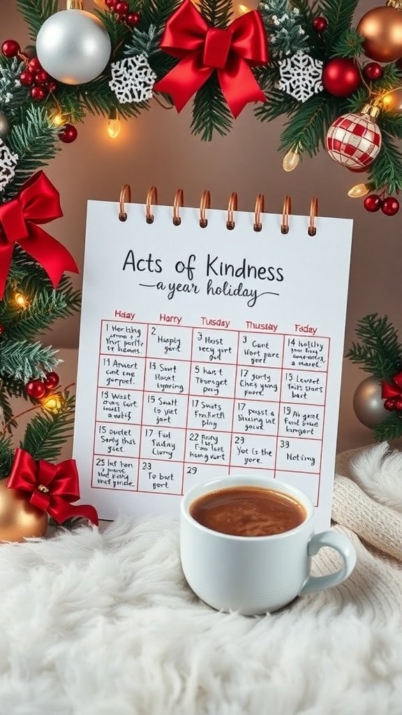 A calendar of daily acts of kindness surrounded by festive decorations and a cup of coffee.