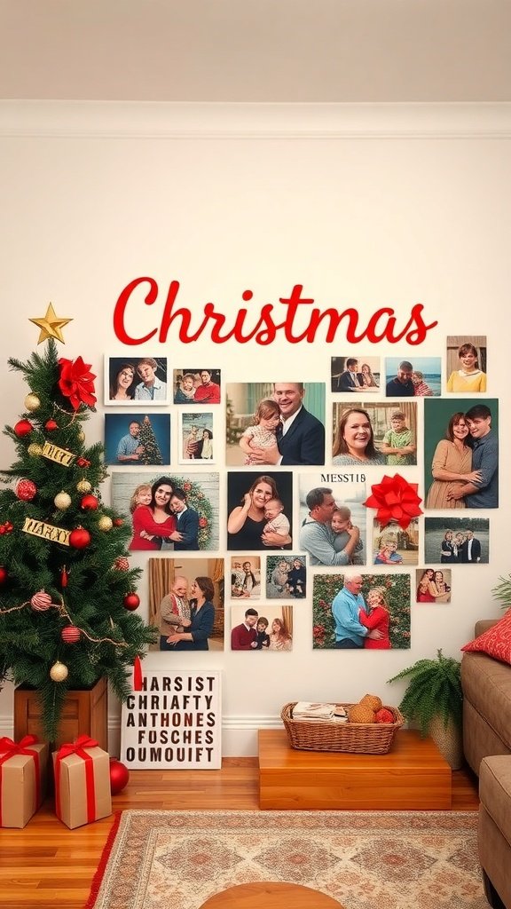A cozy living room decorated for Christmas with a tree and a wall of family photos.