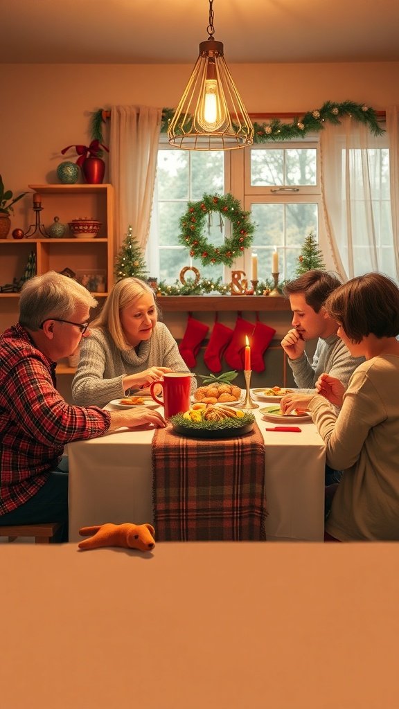 A family gathered around a table decorated for Christmas, sharing food and enjoying each other's company.