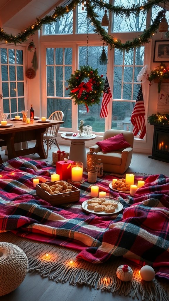 Cozy indoor picnic setup with a blanket, candles, and festive decorations.