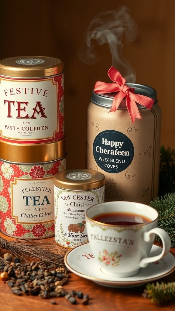 A collection of festive tea blends with a steaming cup of tea.