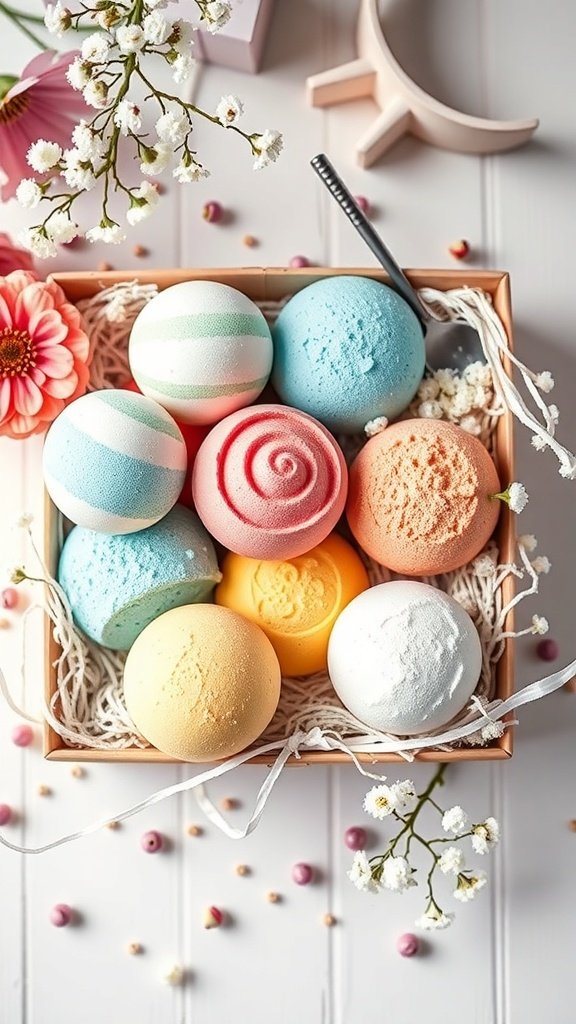 A colorful assortment of DIY bath bombs in a gift box, surrounded by flowers and decorative elements.