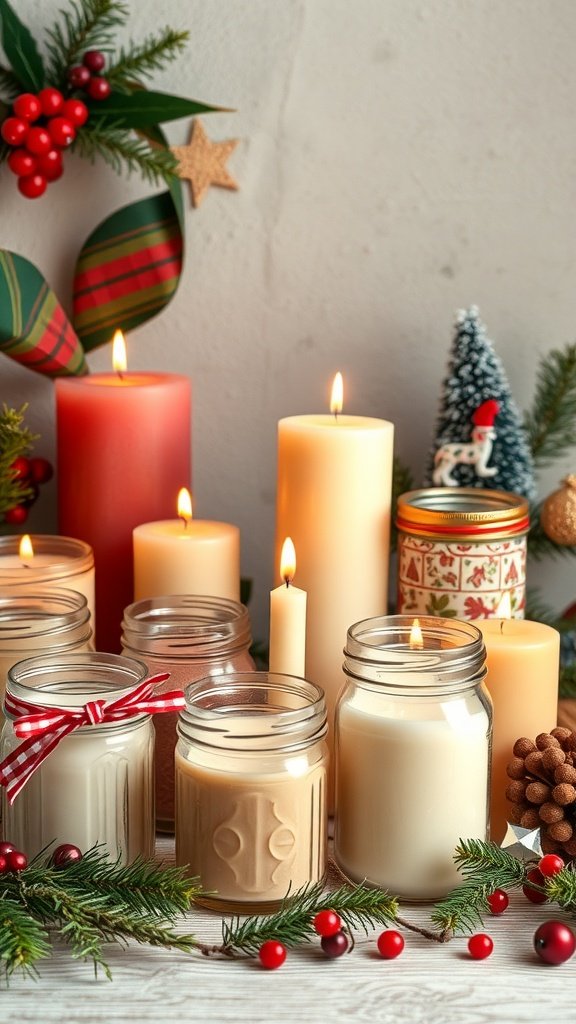 A collection of handmade candles in various sizes and colors, surrounded by festive decorations.