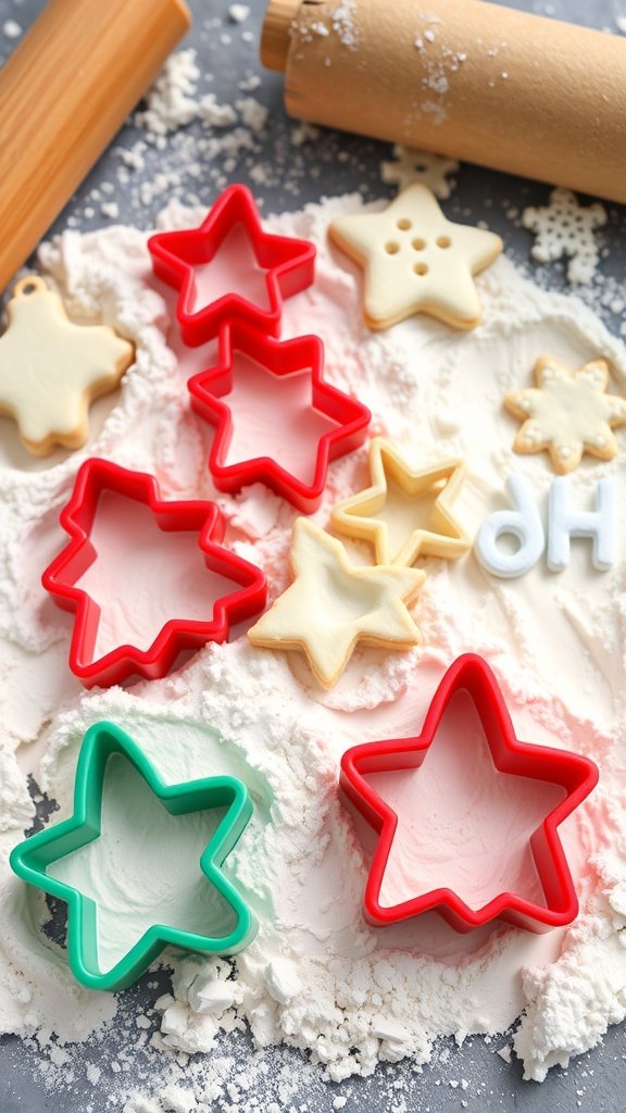 Various Christmas-themed cookie cutters in different shapes on a floured surface.