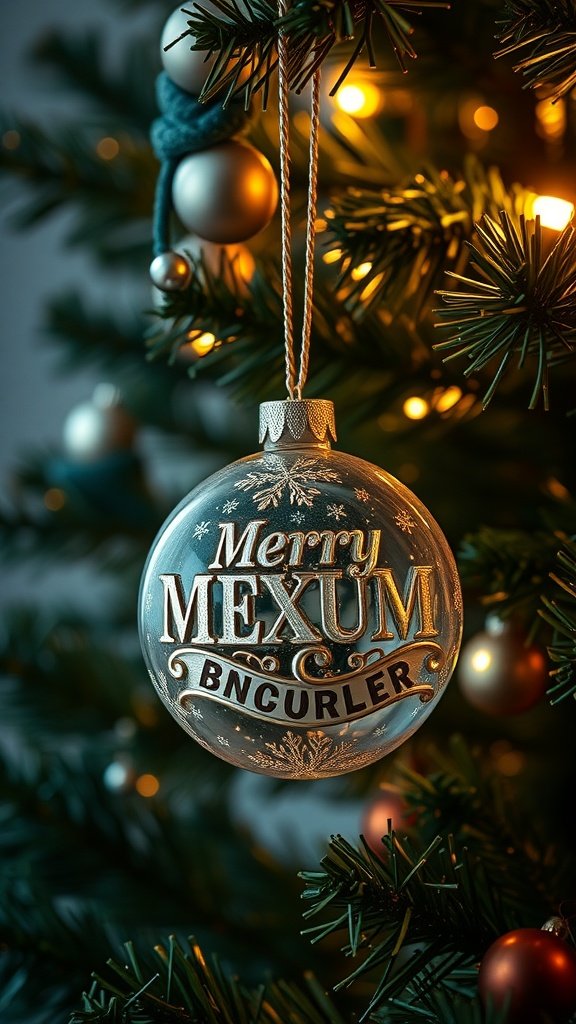 A beautifully designed personalized ornament hanging on a Christmas tree.
