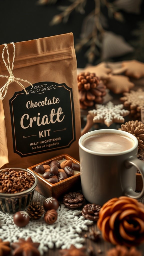 A gourmet hot chocolate kit with a cup of hot chocolate, cocoa beans, and festive decorations.