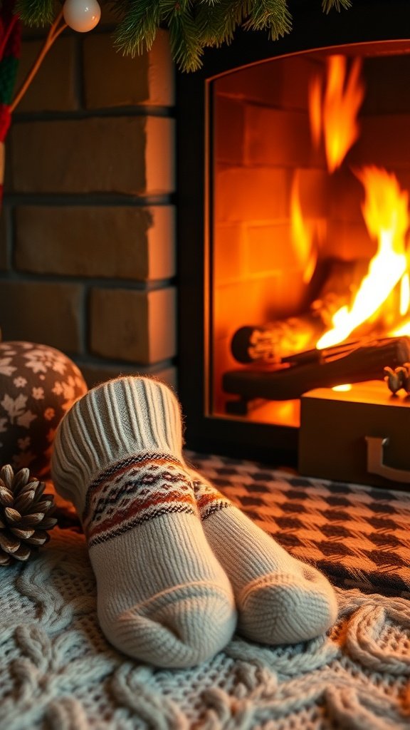 A pair of warm, cozy socks by a fireplace, surrounded by holiday decor.