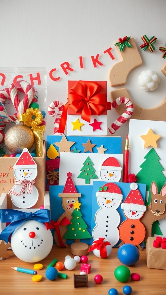 A collection of colorful craft supplies including snowman decorations, ornaments, and various crafting materials.